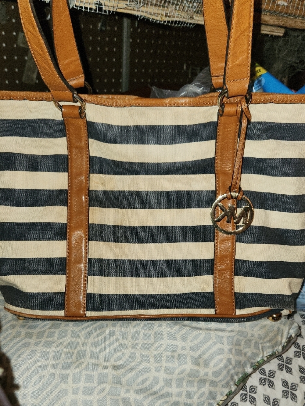 Michael Kors Navy & Cream Striped Tote with Tan Leather Accents